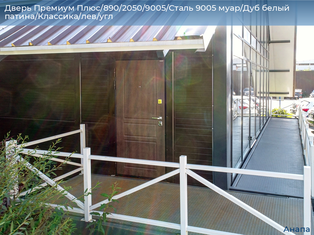 Дверь Премиум Плюс/890/2050/9005/Сталь 9005 муар/Дуб белый патина/Классика/лев/угл, anapa.doorhan.ru